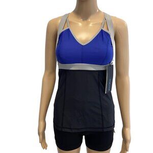 Karma Athletics Womens Blue & Black Strappy Tank Top With Built-In Bra NWT